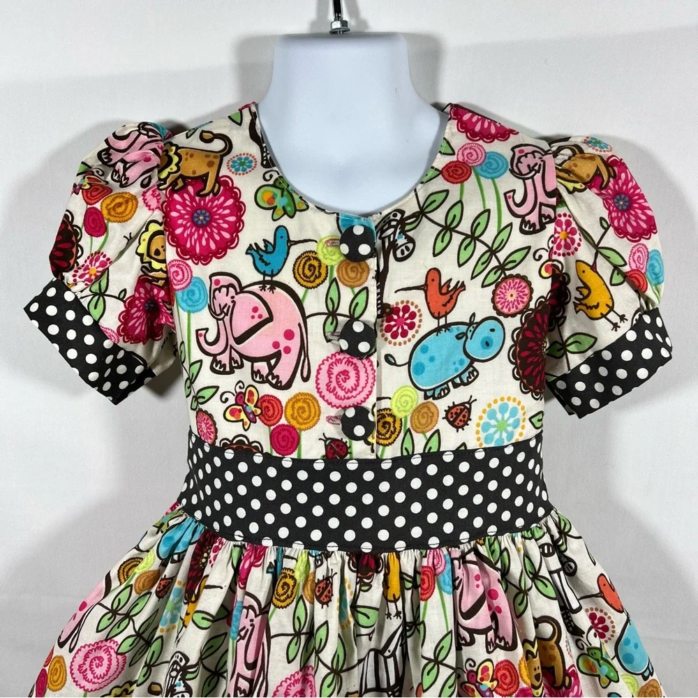 Dress Girls Size 5 Jungle Cotton Print Black White Polka Dots 90” Full Skirt